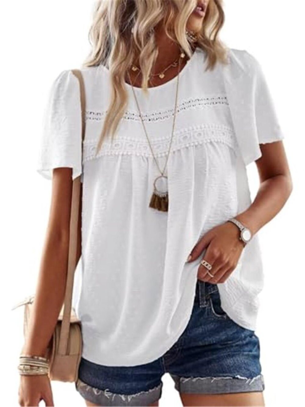 Women Chiffon Boho Blouse Crewneck Short Sleeve Lace Hem Summer Top White